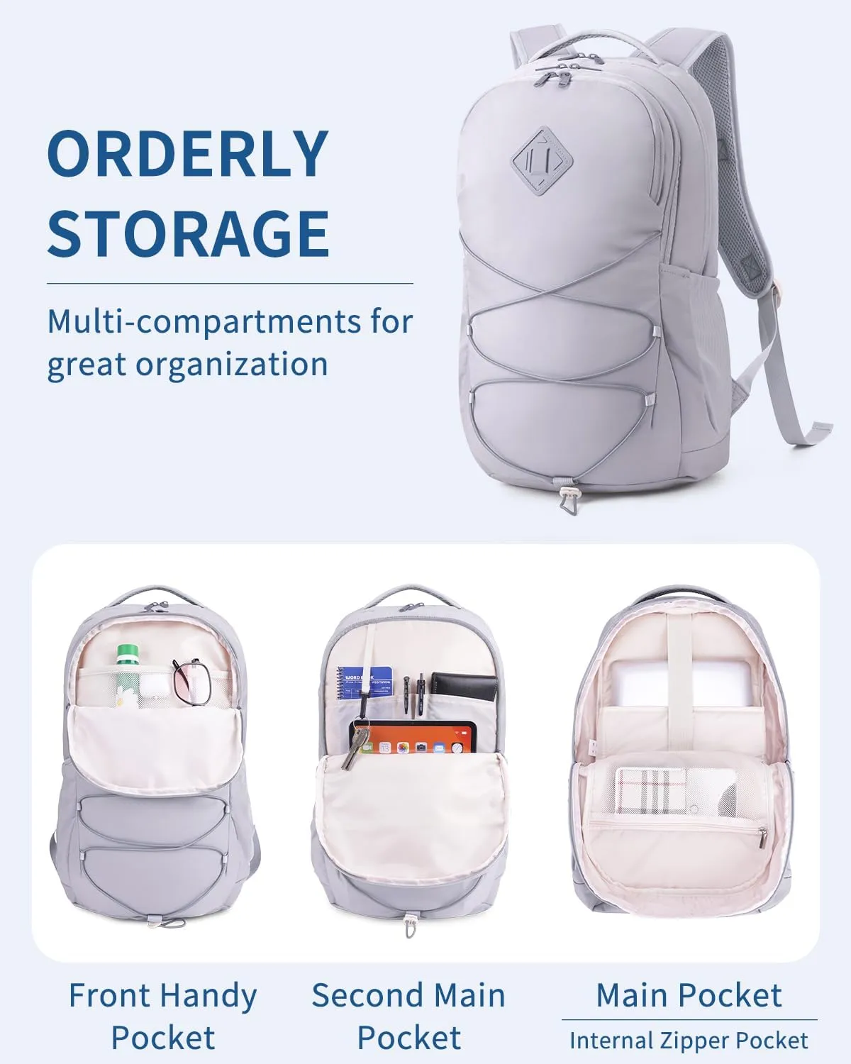 WANDF 15.6-Inch Laptop Backpack for Women Men Airline Approved Water Resistant Lightweight Travel Bag Casual Backpack for Weekender Business with Whistle Buckle & Elastic Strap (Grey)