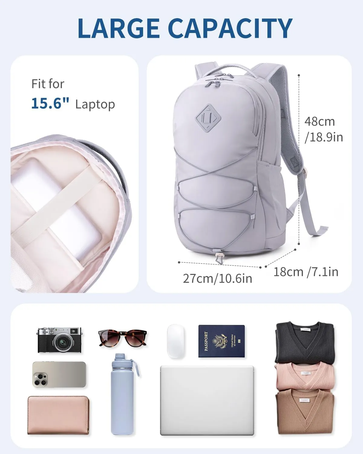 WANDF 15.6-Inch Laptop Backpack for Women Men Airline Approved Water Resistant Lightweight Travel Bag Casual Backpack for Weekender Business with Whistle Buckle & Elastic Strap (Grey)