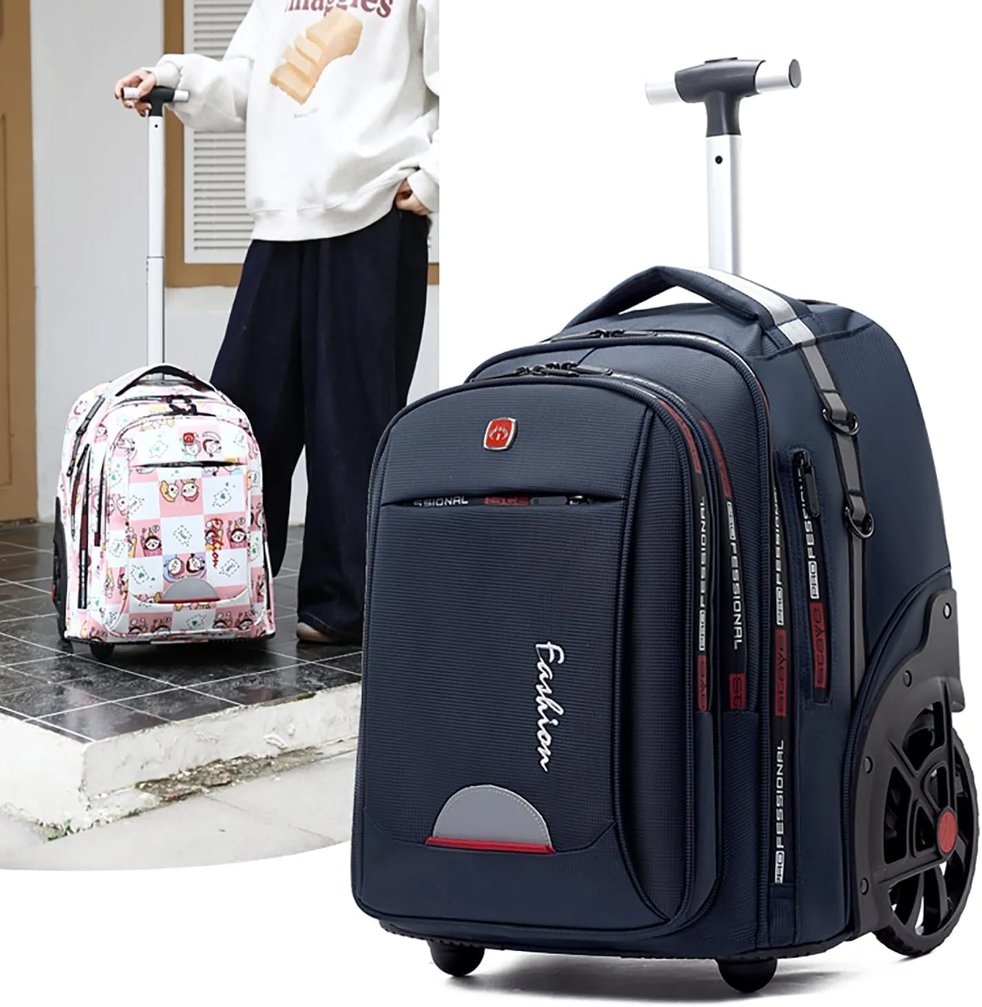 Waterproof Rolling Backpack for Women and Men, Laptop Backpack with Wheels for Adults, Carry on Backpack with Large Wheels for Travel and Business Commuter (Blue, 22inch)