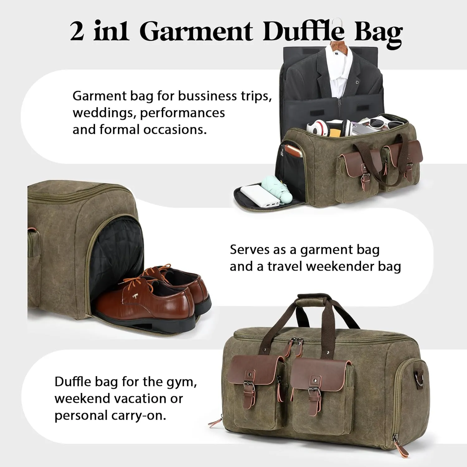 Waxed Canvas Garment Bags for Travel, Convertible Carry On Garment Duffel Bag for Men Women, 2 in 1 Suit Bag Hanging Suitcase Business Travel Bag with Shoe Compartment (Vintage Grey, L)