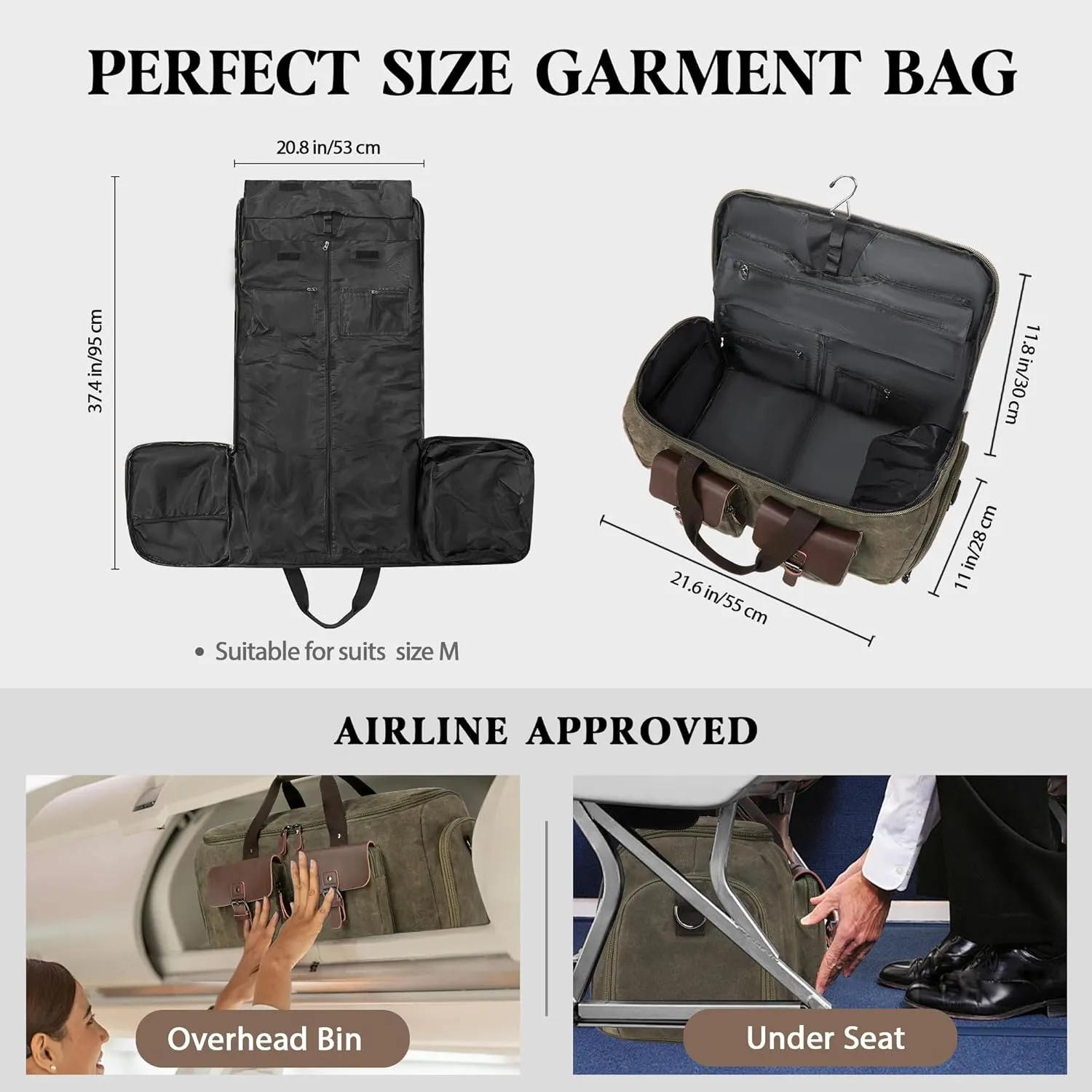 Waxed Canvas Garment Bags for Travel, Convertible Carry On Garment Duffel Bag for Men Women, 2 in 1 Suit Bag Hanging Suitcase Business Travel Bag with Shoe Compartment (Vintage Grey, L)