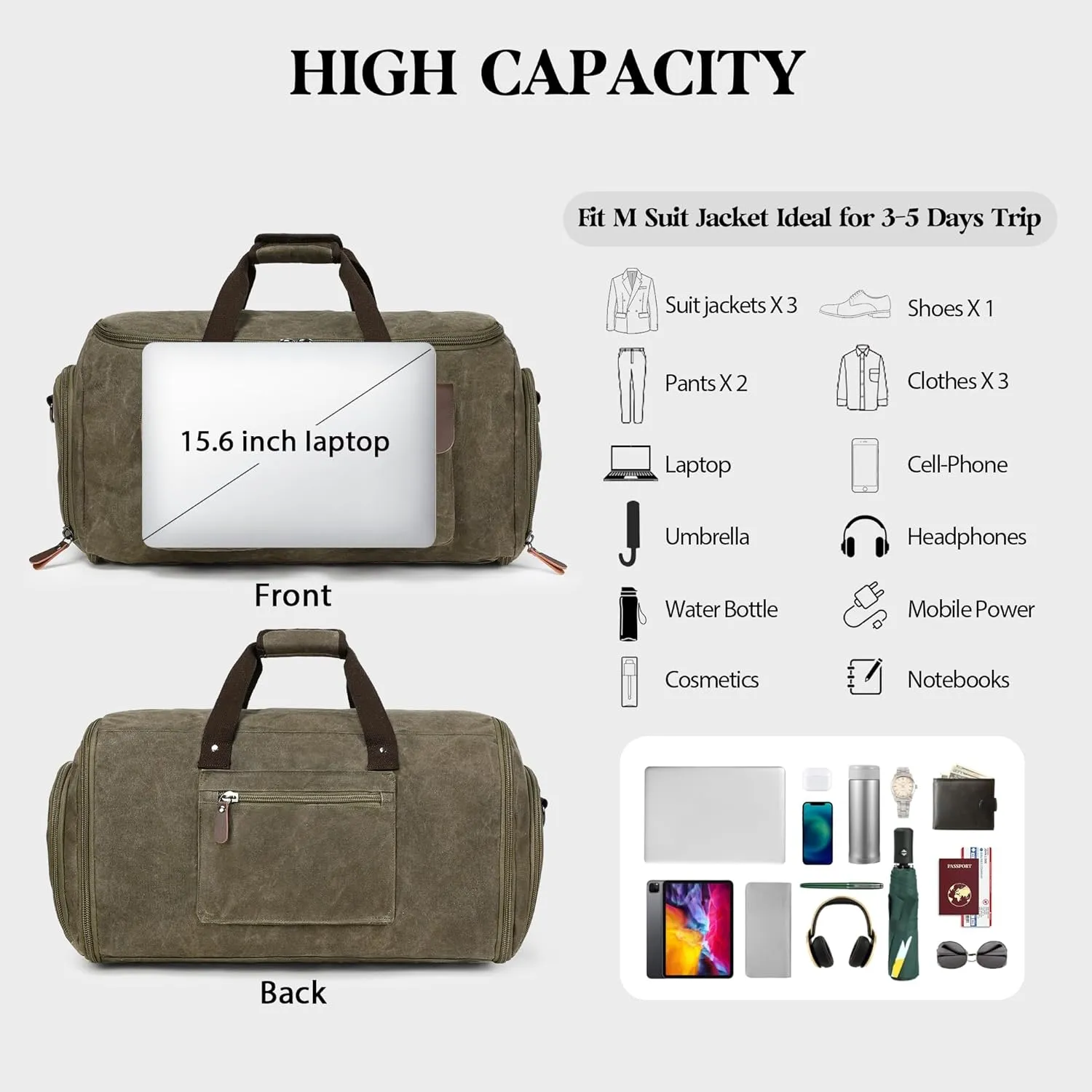 Waxed Canvas Garment Bags for Travel, Convertible Carry On Garment Duffel Bag for Men Women, 2 in 1 Suit Bag Hanging Suitcase Business Travel Bag with Shoe Compartment (Vintage Grey, L)