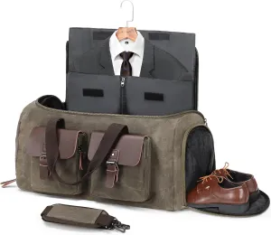 Waxed Canvas Garment Bags for Travel, Convertible Carry On Garment Duffel Bag for Men Women, 2 in 1 Suit Bag Hanging Suitcase Business Travel Bag with Shoe Compartment (Vintage Grey, L)