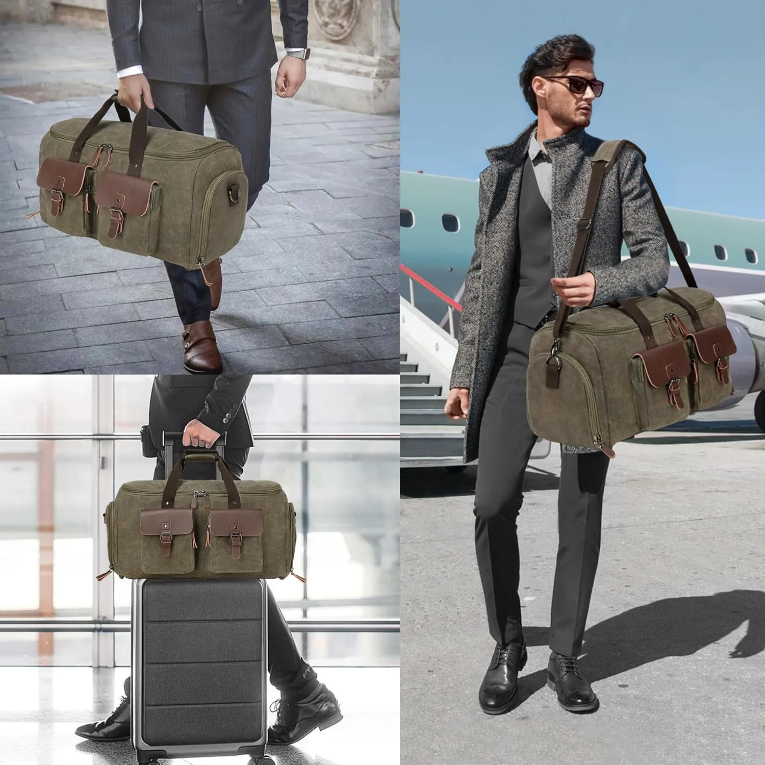 Waxed Canvas Garment Bags for Travel, Convertible Carry On Garment Duffel Bag for Men Women, 2 in 1 Suit Bag Hanging Suitcase Business Travel Bag with Shoe Compartment (Vintage Grey, L)