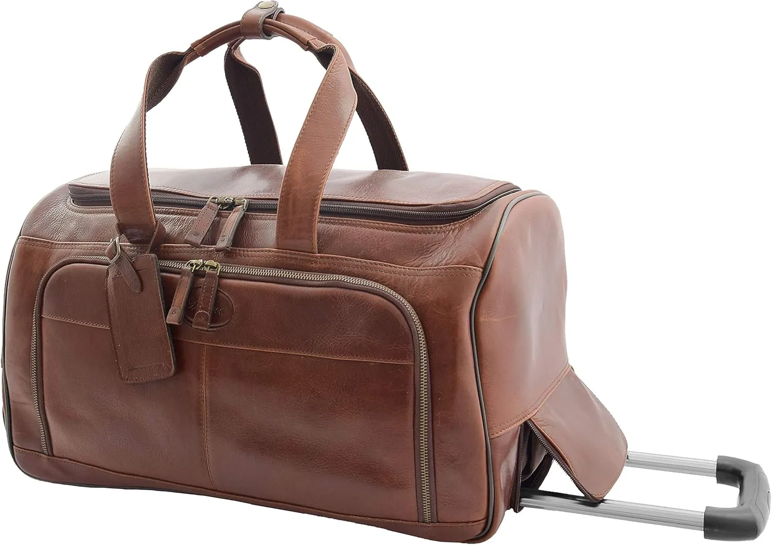 Wheeled Holdall Genuine Brown Leather Telescopic Handle Travel Duffle Ozwald