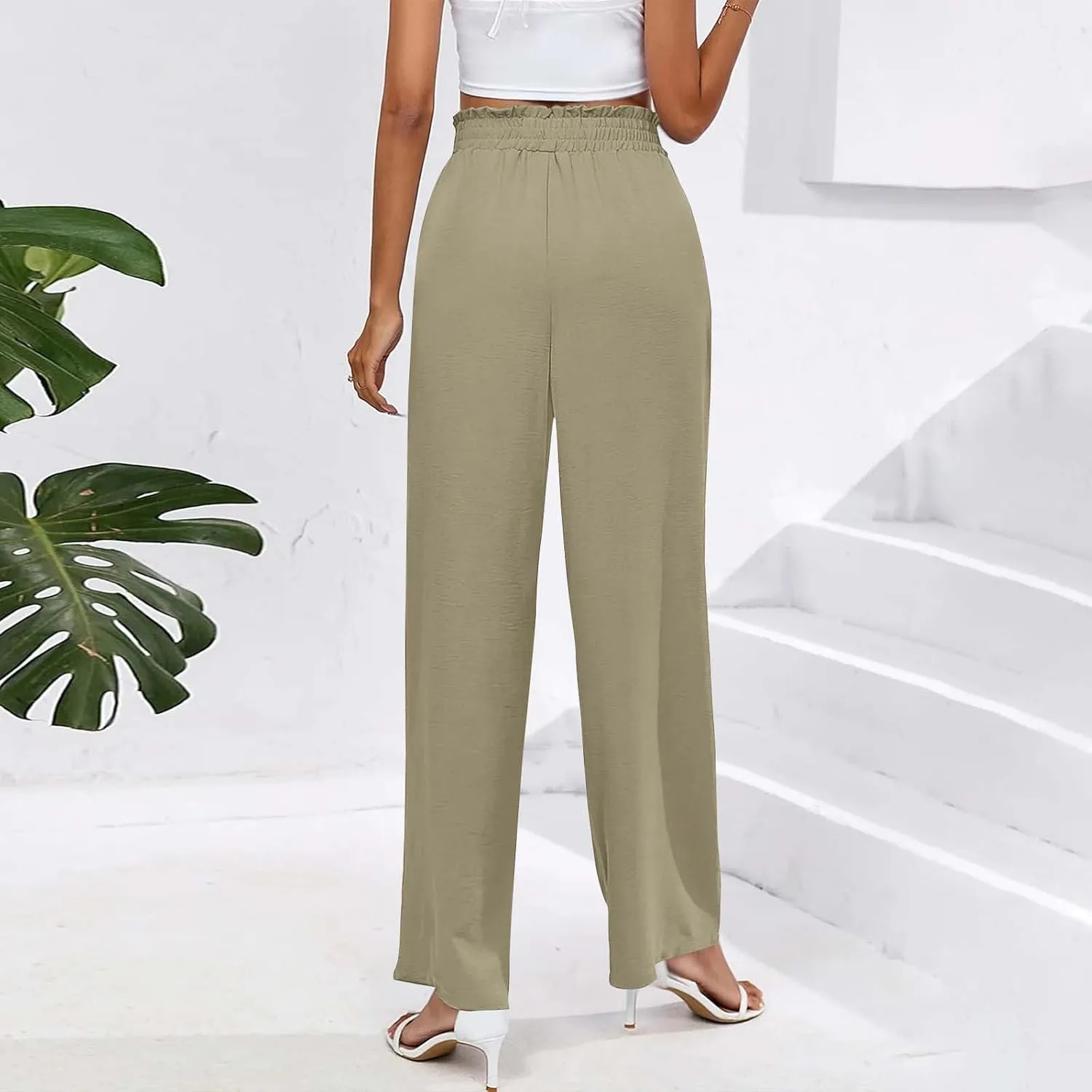 Wide Leg Pants for Women Elastic High Waist Elastic Waist Paperbag Pants Casual Loose Trousers with Pockets