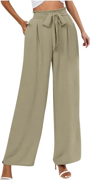 Wide Leg Pants for Women Elastic High Waist Elastic Waist Paperbag Pants Casual Loose Trousers with Pockets