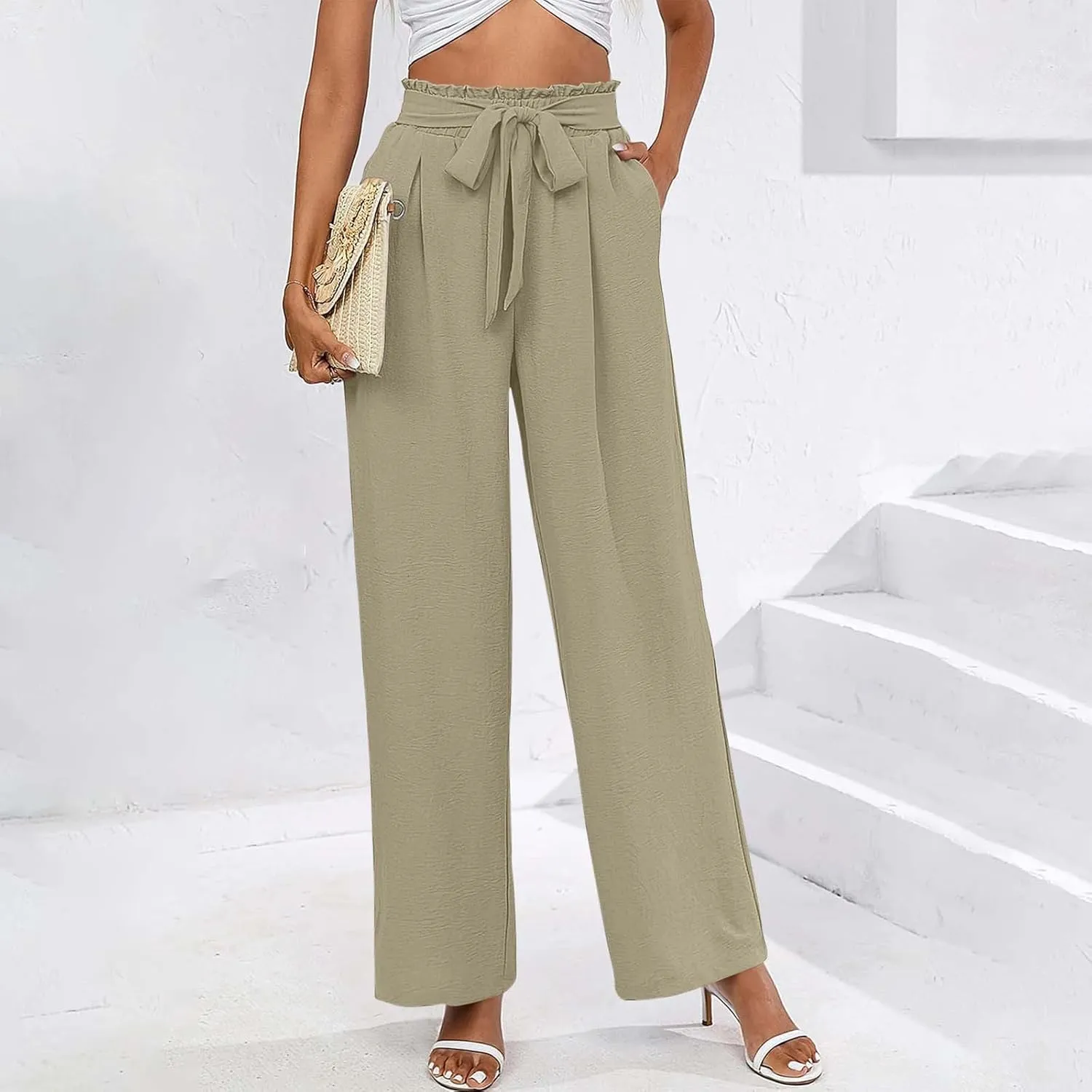 Wide Leg Pants for Women Elastic High Waist Elastic Waist Paperbag Pants Casual Loose Trousers with Pockets