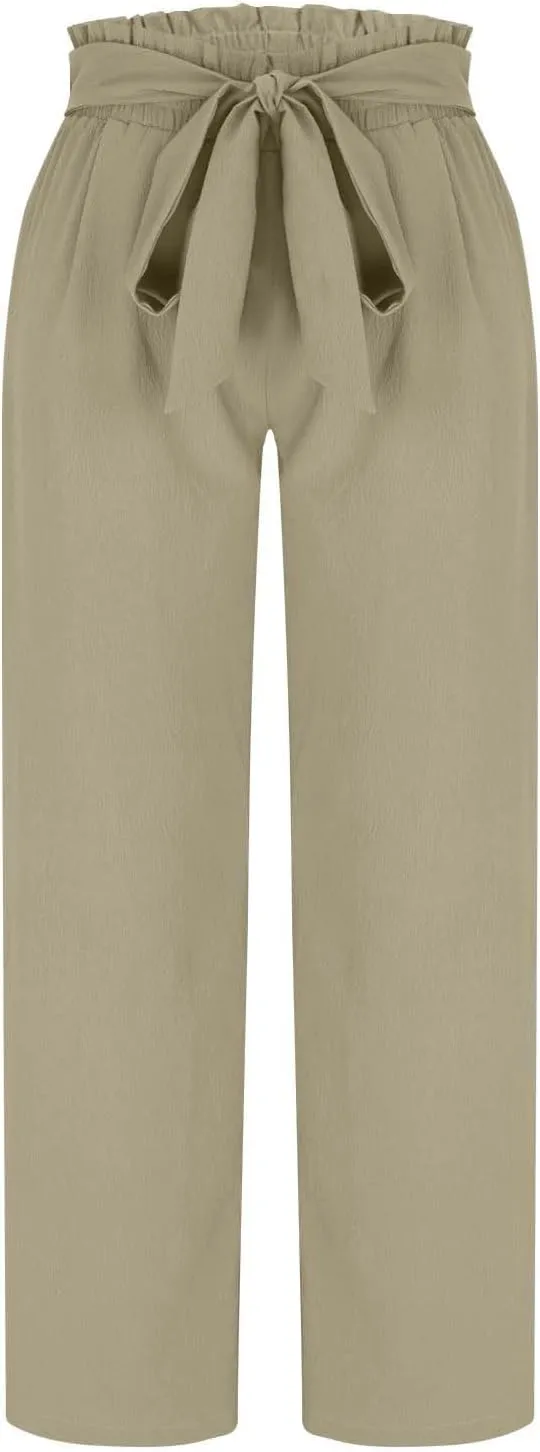 Wide Leg Pants for Women Elastic High Waist Elastic Waist Paperbag Pants Casual Loose Trousers with Pockets