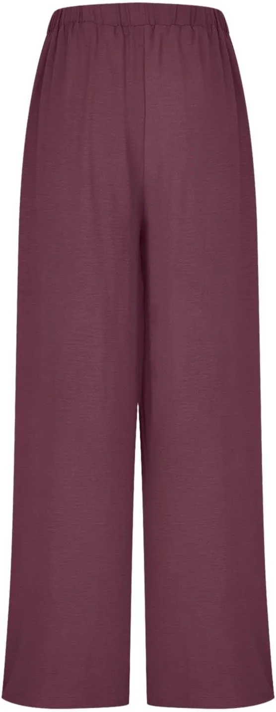 Women's Palazzo Pants Summer Stylish Casual High Waisted Cotton Linen Trousers Loose Pleated Wide Leg Paperbag Slacks
