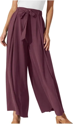 Women's Palazzo Pants Summer Stylish Casual High Waisted Cotton Linen Trousers Loose Pleated Wide Leg Paperbag Slacks