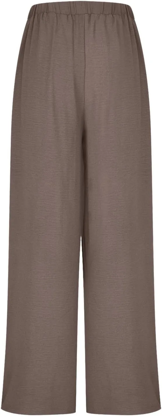 Women's Palazzo Pants Summer Stylish Casual High Waisted Cotton Linen Trousers Loose Pleated Wide Leg Paperbag Slacks