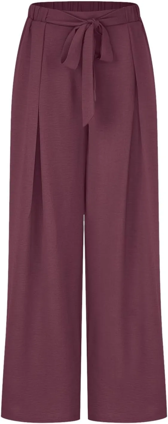 Women's Palazzo Pants Summer Stylish Casual High Waisted Cotton Linen Trousers Loose Pleated Wide Leg Paperbag Slacks