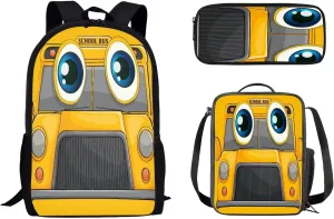 Yellow Cute Cartoon School Bus Kids Backpack with Lunch Box for School 3 in 1 Boys Girls School Bookbag Set with Pencil Case Large Capacity Backpack for Kids
