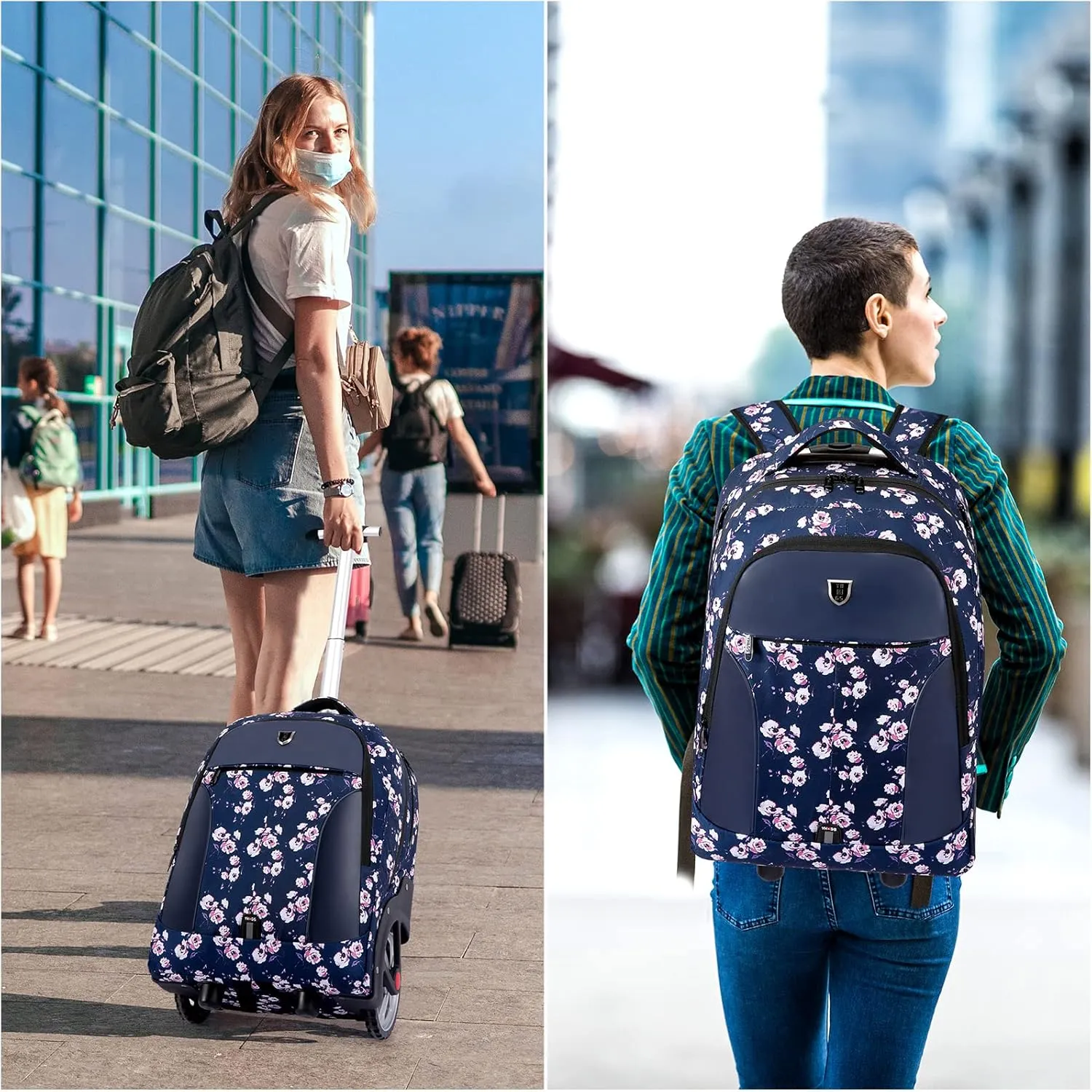 YH&GS Rolling Backpack Floral, Waterproof with Wheels for Business, College Student and Travel Commuter, Carry on Laptop Compartment, Fit 17 Inch Laptop, Wheeled Adults, 20inch