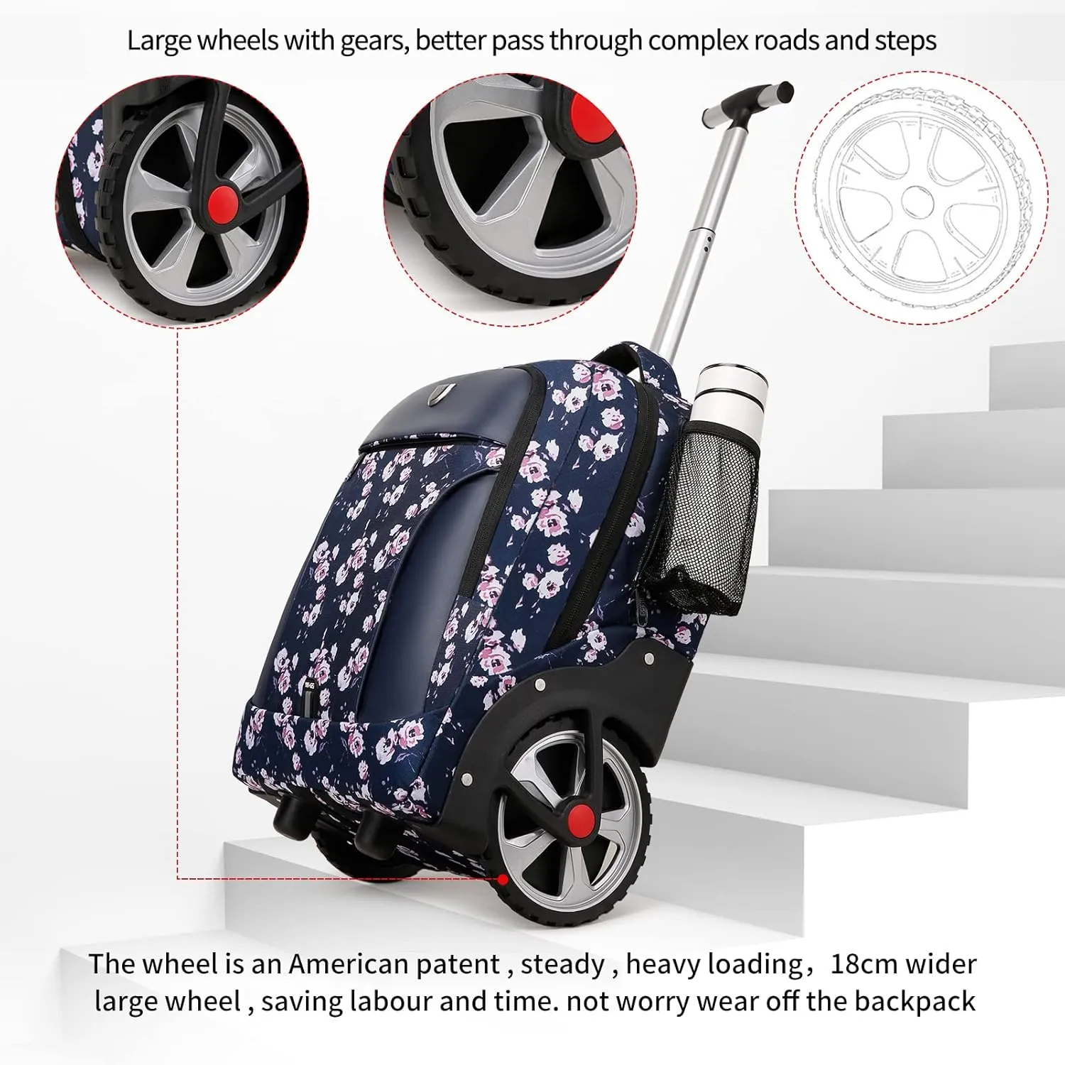 YH&GS Rolling Backpack Floral, Waterproof with Wheels for Business, College Student and Travel Commuter, Carry on Laptop Compartment, Fit 17 Inch Laptop, Wheeled Adults, 20inch